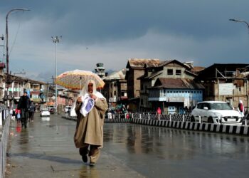Woman holding an umbrella on a rainy day in Srinagar