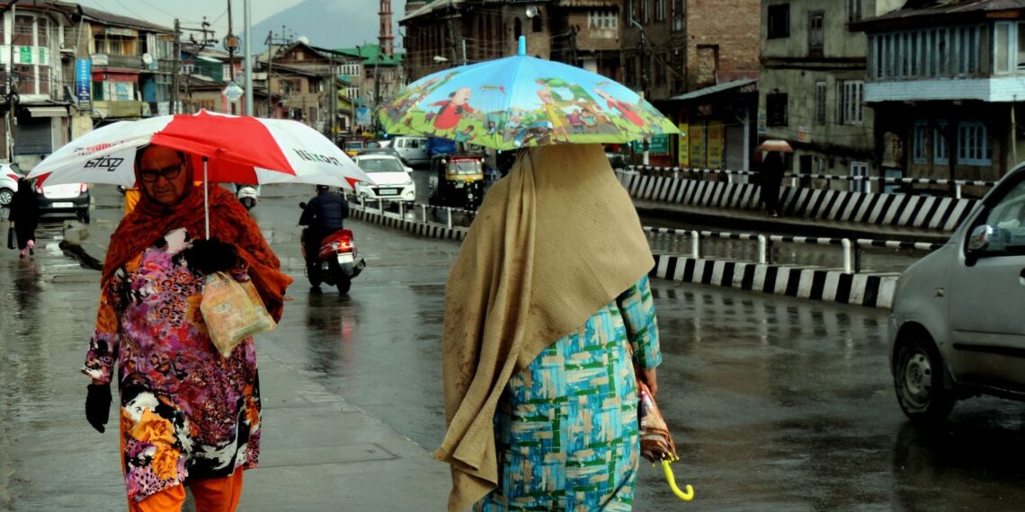 Woman holding an umbrella on a rainy day in Srinagar
