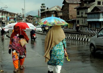 Woman holding an umbrella on a rainy day in Srinagar