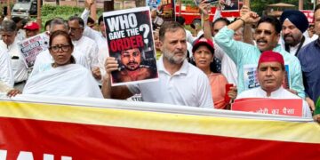 Opposition marches in Parliament Complex, renews demand for J&K Statehood and accountability on student protests