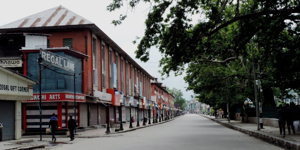 A deserted view of fashionable Residency road in Srinagar amid strict lock-down to contain the surge in COVID-19 cases in Kashmir valley