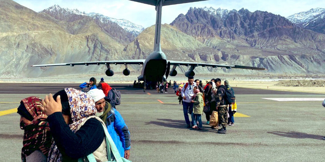 In view of closed snow bound Srinagar-Leh national highway, Indian Air Force on Sunday airlifted stranded citizens from Jammu to Leh