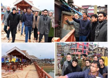 Div Com (K)  Reviews Progress of Wooden Pedestrian Bridge at Amira Kadal