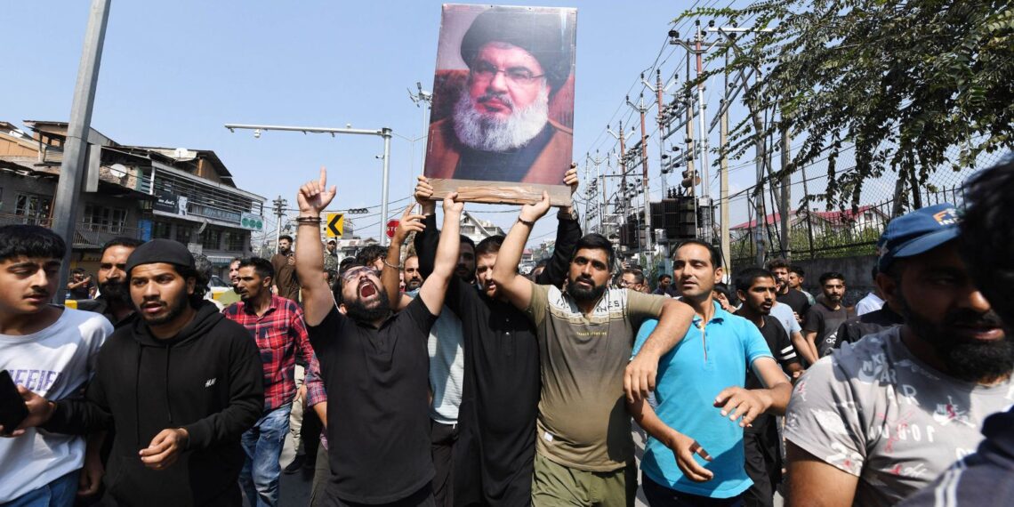 Protests broke out in several parts in Kashmir on Sept 28 against the killing of Hassan Nasrallah