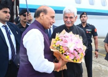 LG Receives Defence Minister Rajnath Singh at Srinagar Airport