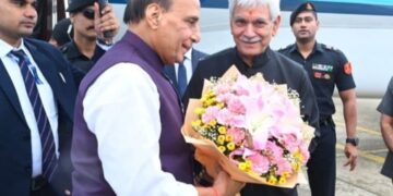 LG Receives Defence Minister Rajnath Singh at Srinagar Airport