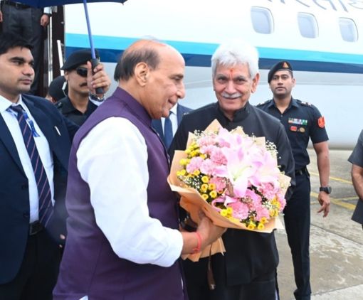 LG Receives Defence Minister Rajnath Singh at Srinagar Airport