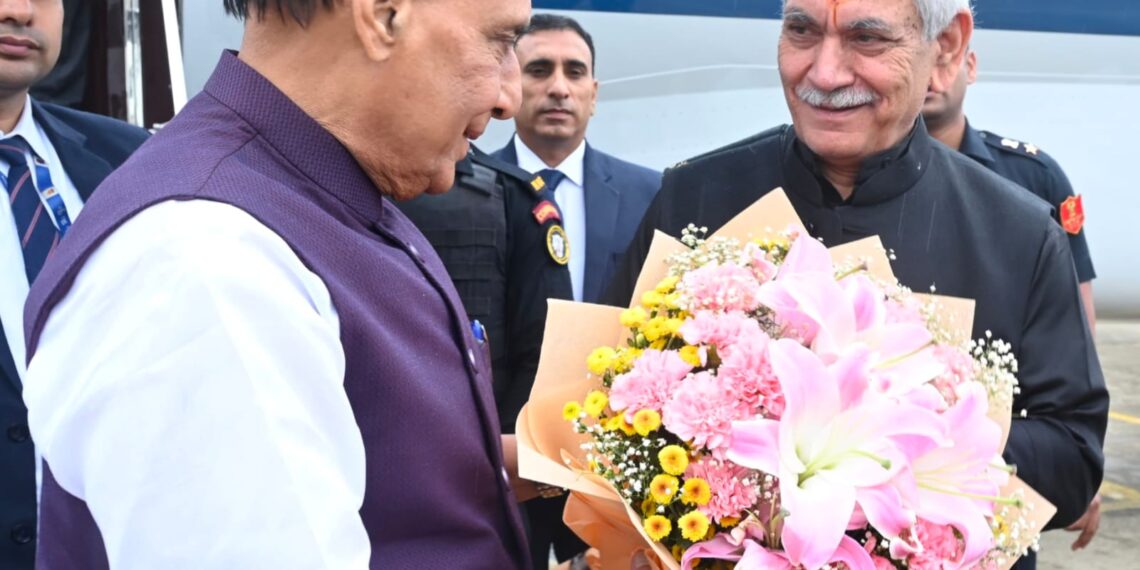 LG Manoj Sinha Receives Defence Minister Rajnath Singh at Srinagar Airport