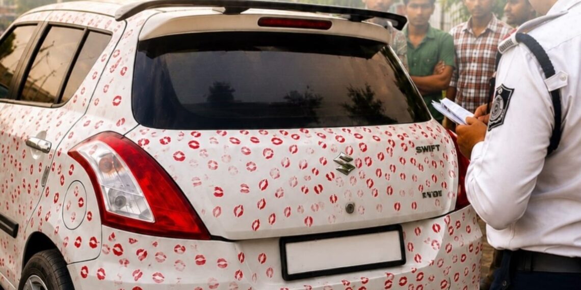*Girlfriend leaves 3,400 kiss marks on car; cops fine man Rs 5,500, order removal*