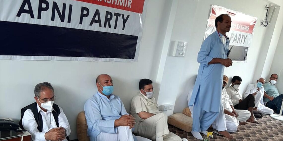 JKAP senior leader and former minister Mohammad Ashraf Mir addressing a meeting of workers in Srinagar