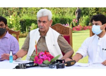 Union Minister Jyotiraditya Scindia and LG Manoj Sinha addressing a press conference in Srinagar on Saturday