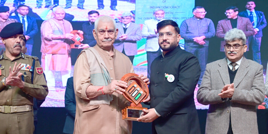 LG Sinha felicitates DC Rajouri Abhishek Sharma with Appreciation Award for exemplary Election Management