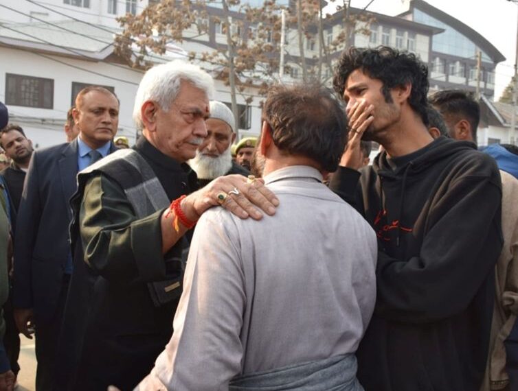 LG meets the injured in the accidental blast at Nowgam Police Station