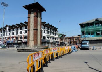 A deserted view of Lal Chowk in Srinagar as authorities imposed 84-hour COVID-19 lockdown