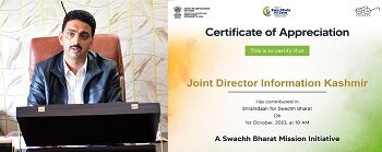 JDI Mohammad Aslam awarded Certificate of Appreciation for contribution in Shramadaan Swachh Bharat