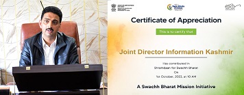 JDI Mohammad Aslam awarded Certificate of Appreciation for contribution in Shramadaan Swachh Bharat