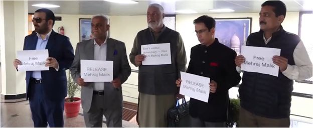 NC, Cong MLAs protest outside Assembly, seek Mehraj Malik’s release