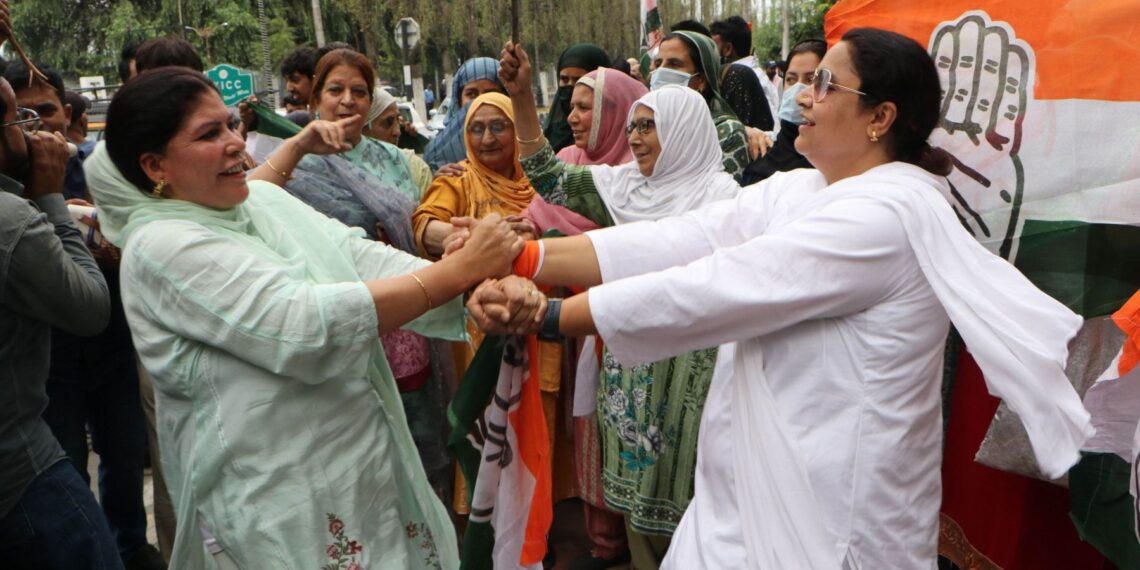 National Conference & Congress workers celebrating outside SKICC counting centre Srinagar