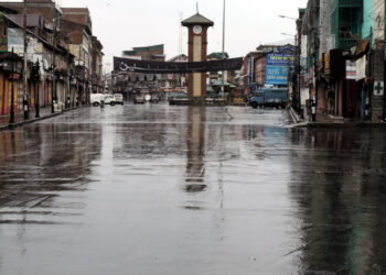 Lal Chowk wore a deserted look as shutdown amid heavy rains crippled normal life on Sunday, August 15 in Srinagar