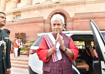 LG Manoj Sinha at Parliament house during the budget session, in New Delhi on Tuesday