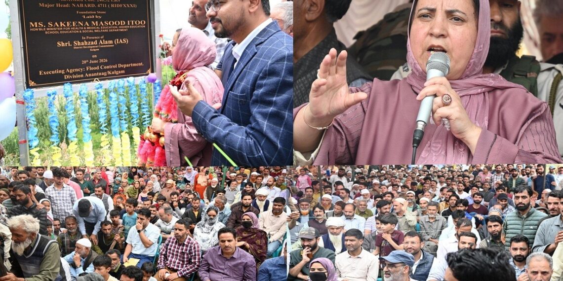 Sakeena Itoo lays foundation for flood protection projects at Guddar Laisoo