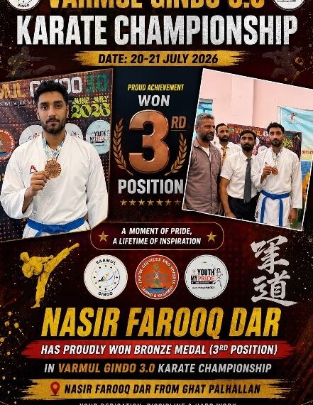 Baramulla’s Nasir Farooq Dar Wins Bronze at VARMUL GINDO 3.0 Karate Championship