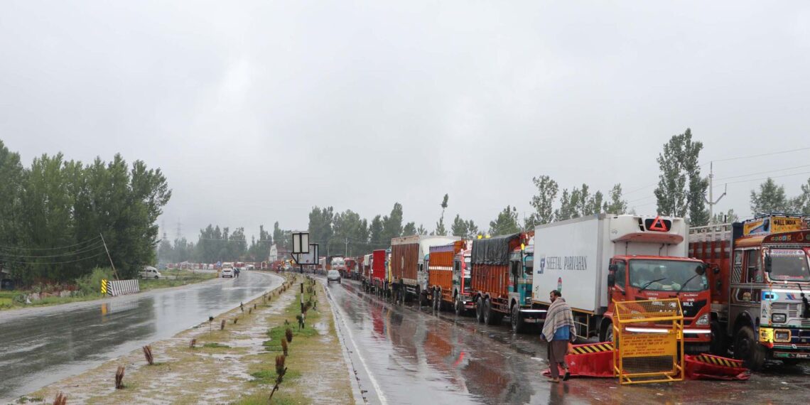 Jammu Srinagar Highway blocked for vehicular movement due to the continuous shooting of stones and heavy rainfall, on Wednesday