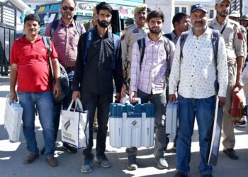Polling officials leaving for respective polling stations ahead of first phase of Assembly election, in Kishtwar