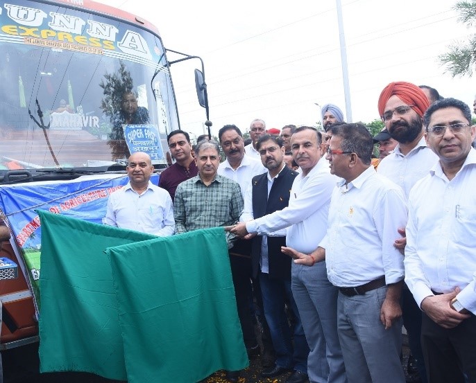 Satish Sharma flags off group of progressive farmers from Chamb for exposure visit to KVK R.S Pura Jammu