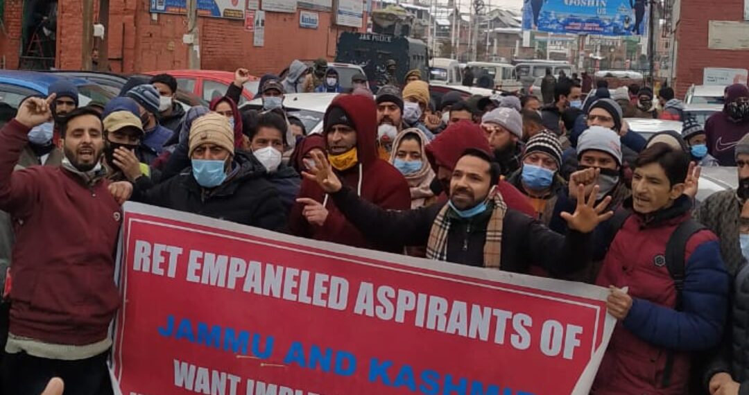 Empaneled ReT aspirants hold protest at Press enclave Srinagar, demand immediate issuance of appointment orders.